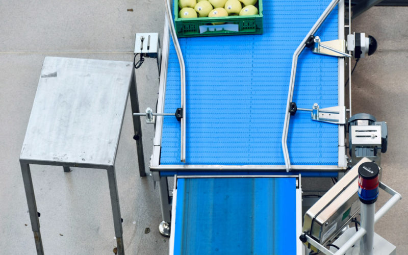 a conveyor belt with food